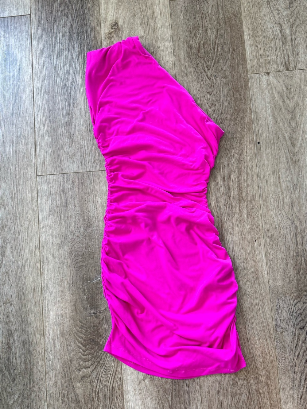 One-Shoulder Hot Pink Ruched Bodycon Dress